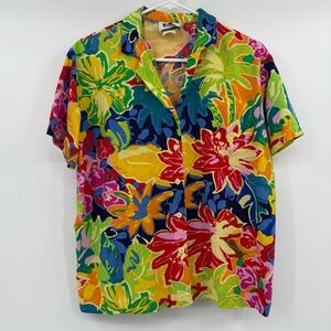 Hilo Hattie Top Women Medium Colorful VTG Button Up Short Sleeve Floral Tropical